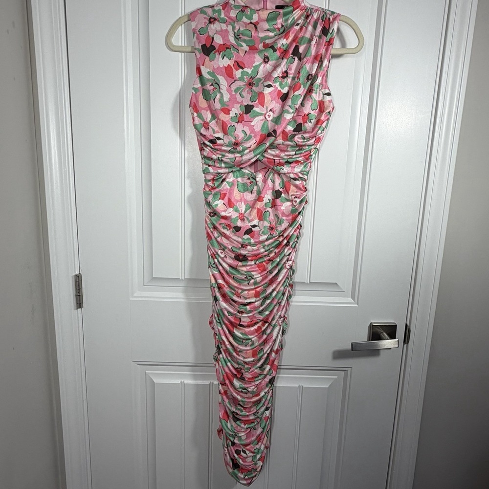 Alexia Admor Floral Ruched Midi Dress Pink Green Sleeveless‎ XS